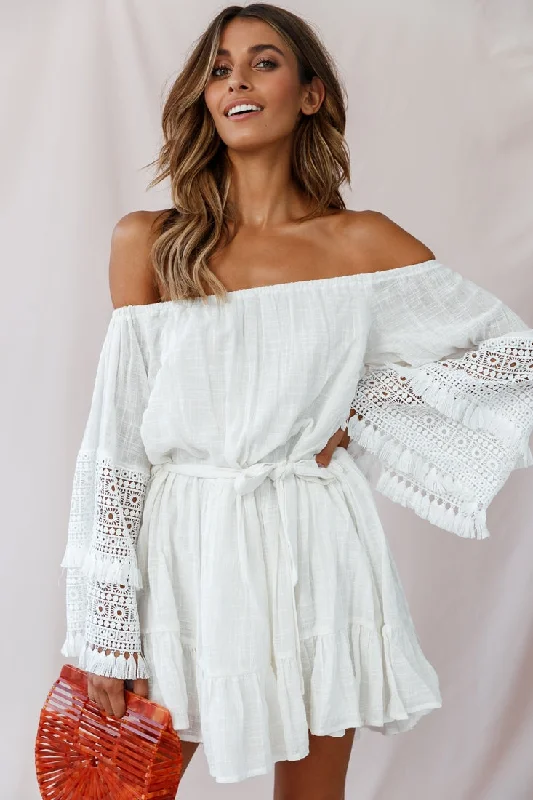 Layered effortlessMona Off-Shoulder Embellished Sleeve Dress White