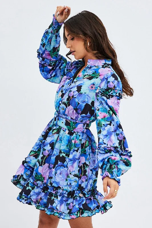Relaxed glamourMulti Floral Ruffle Balloon Sleeve Button Skater Dress