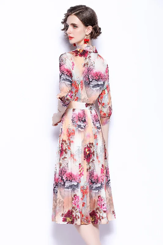 Dark-feminineMulticolor Day A-line Shirt Colar Elbow Sleeve Below Knee Printed Dress
