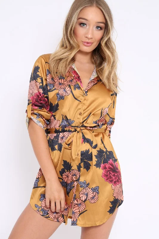 Minimal-glamMustard Floral Satin Shirt Tie Dress - Sophina