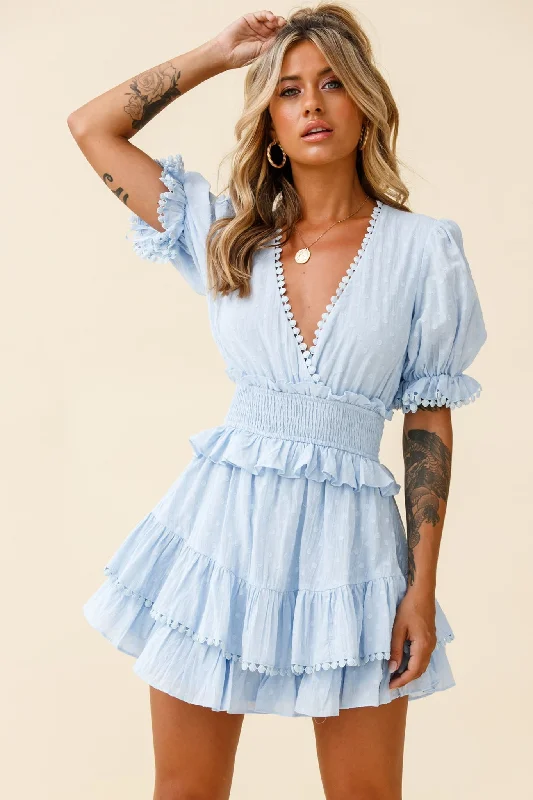 High-streetNerissa Puff Sleeve Shirred Waist Dress Spotty Blue