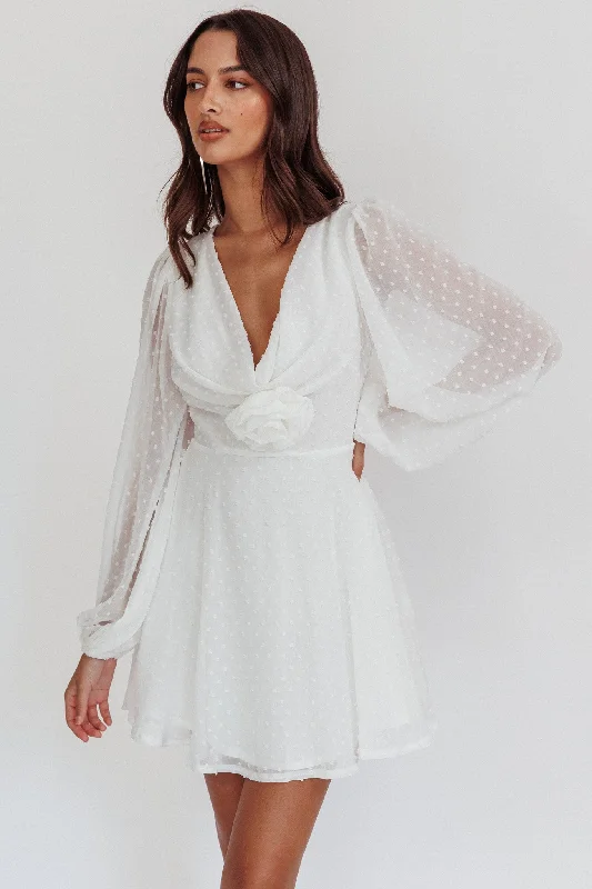 Cutout-detailedOpen Heart Long Sleeve Rosette Mini Dress White