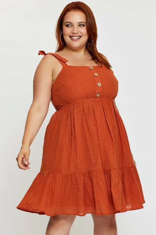 Elegant-minimalistOrange Skater Dress Square Neck Sleeveless Tie