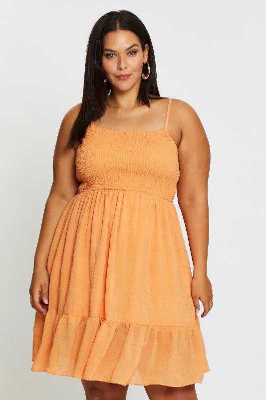 Ultra-modernOrange Skater Dress Square Neck Sleeveless Tie