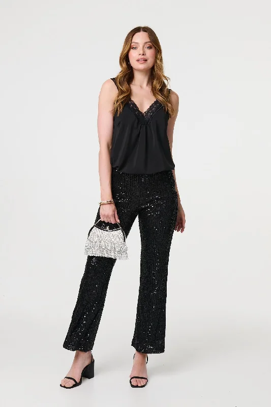 British-inspiredHigh Waist Flared Sequin Trousers