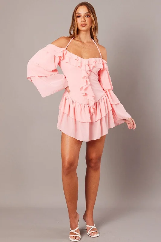 Subtle-glamourPink Ruffle Dress Bardot Layered Frill Sleeve Dress
