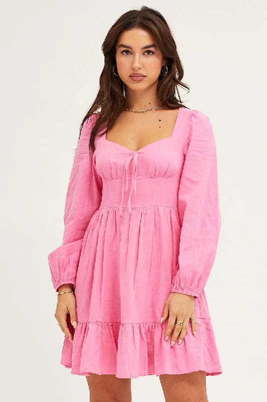 TimelessPink Skater Dress Puff Sleeve Mini