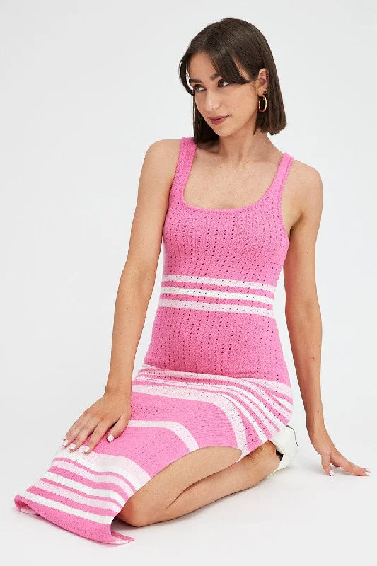 Boho-luxePink Stripe Knit Dress Sleeveless Midi