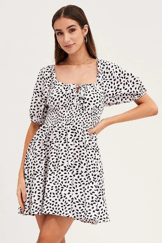 Romantic lacePrint Puff Sleeve Skater Dress