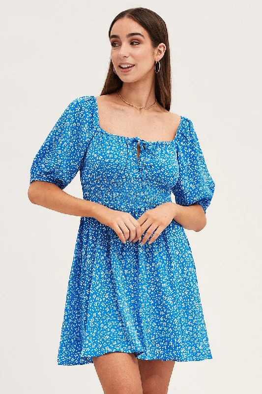 Pastel dreamPrint Puff Sleeve Skater Dress
