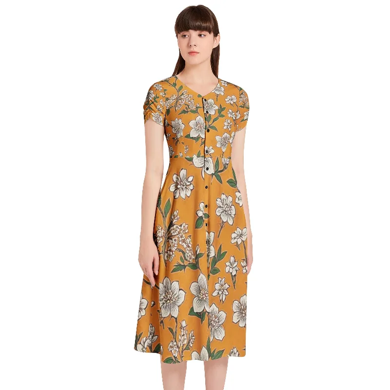 Muted-tone minimalismPuff Sleeve Button Through Dress