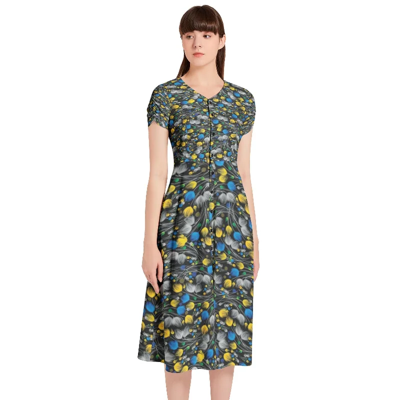 Nordic-inspiredPuff Sleeve Button Through Dress