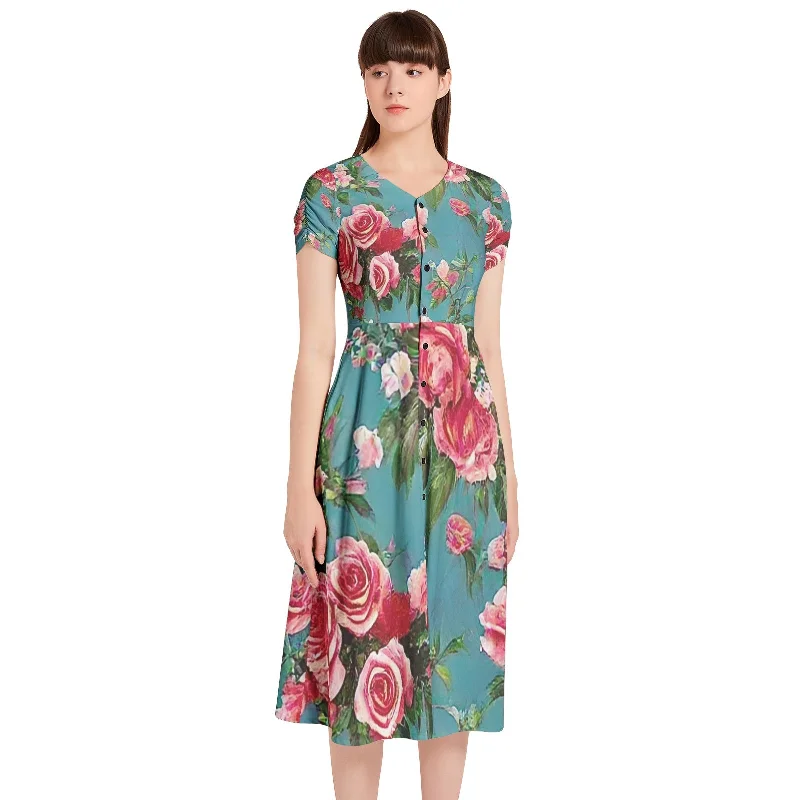 Cutout-detailedPuff Sleeve Button Through Dress