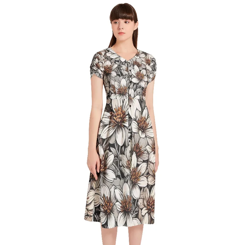 Deep-V allurePuff Sleeve Button Through Dress