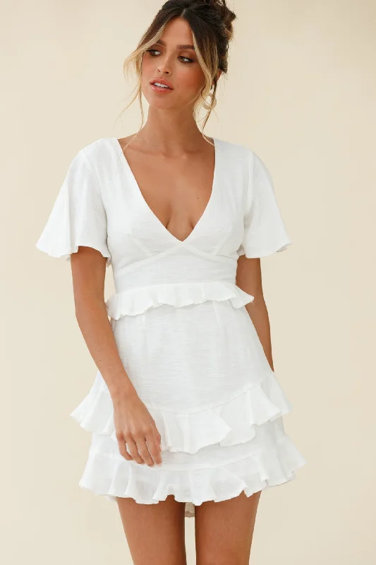 MinimalistQueenie Angel Sleeve Ruffle Trim Dress White