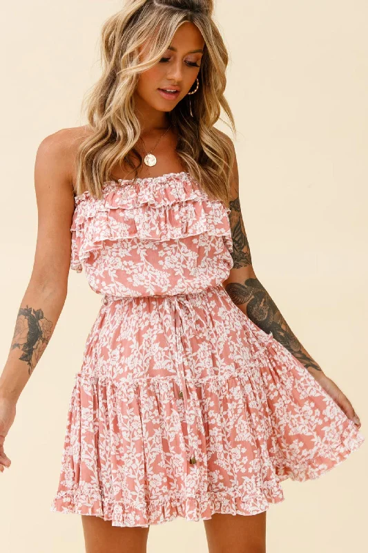 PolishedRaquel Strapless Layered Dress Floral Print Blush