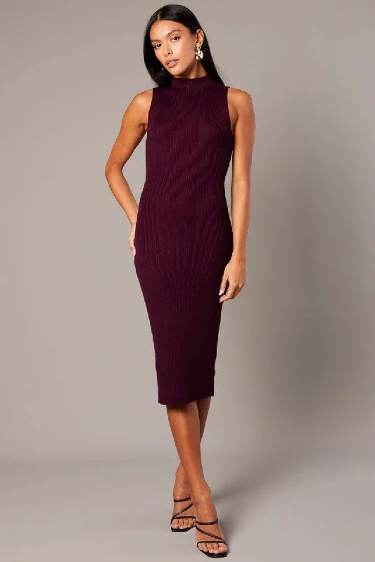 Graphic-heavyRed High Neck Knit Dress Midi