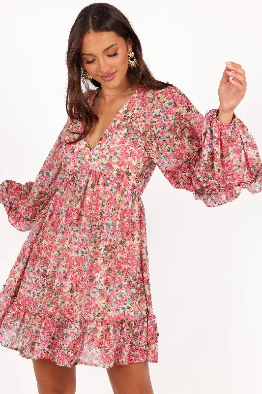 Flower-adornedReese Long Sleeve Mini Dress - Pink Floral