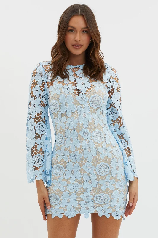 Glam-meets-streetReinhart Flared Sleeve Crochet Lace Dress Baby Blue