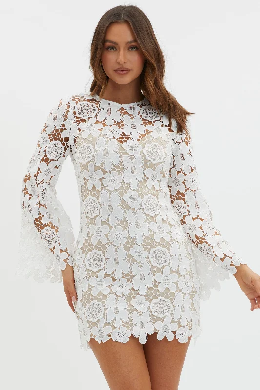 Sartorially-sharpReinhart Flared Sleeve Crochet Lace Dress White