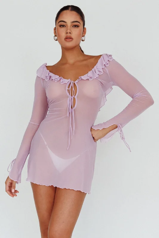 White-on-whiteSea Dreaming Ruffle Trim Mini Dress Lilac