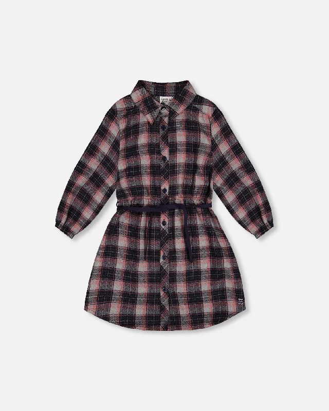 PolishedShirt Flannel Dress With Belt Plaid Navy And Pink