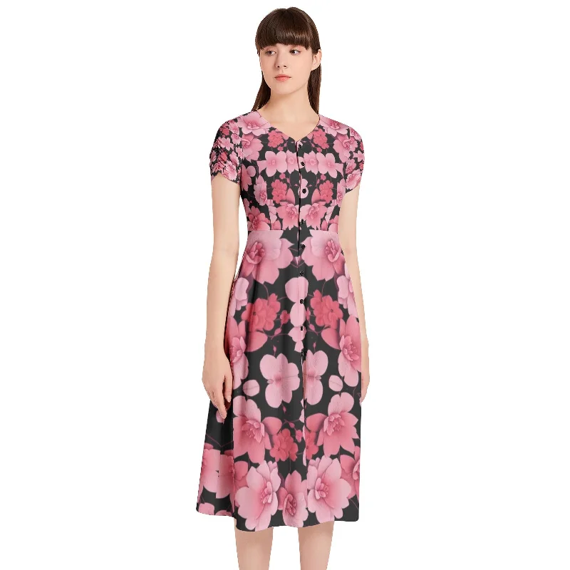 Powerfully feminineSilver grey white hair inspiration Sleeve Button Through pink flower Dress