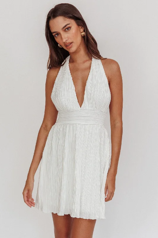 Flower-adornedSinia Plisse Halter Mini Dress Off White