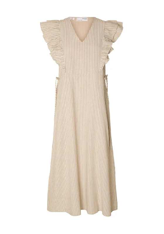 Monochrome-coolSelected Femme Hillie Frill Sleeve Striped Linen Dress, Humus