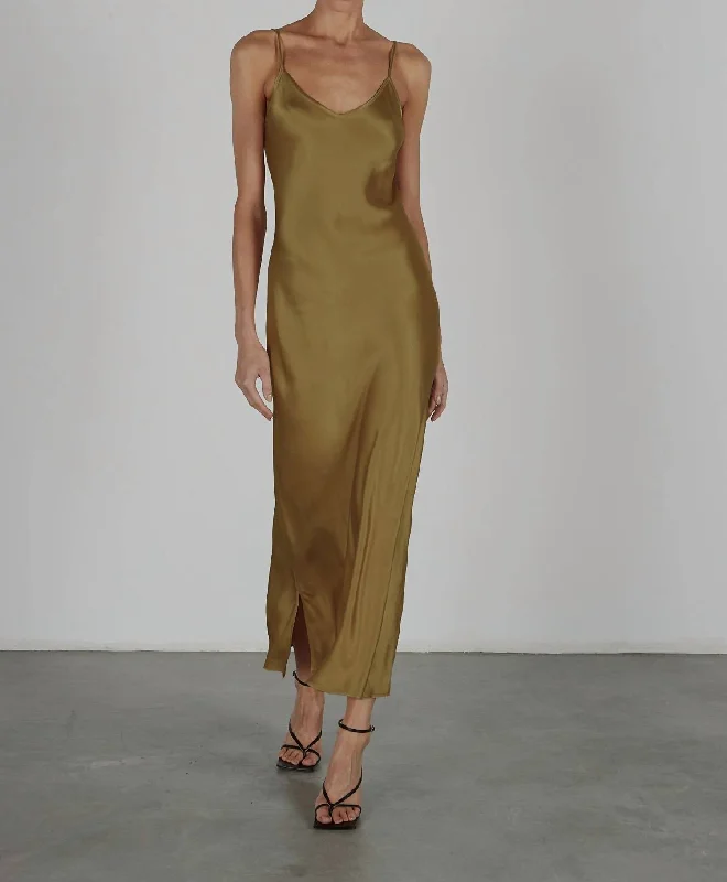Tailored-eleganceSolid Bias Cut Satin Dress In Fatigue