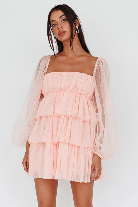Distressed lookSpring Morning Long Sleeve Tiered Mini Dress Pink