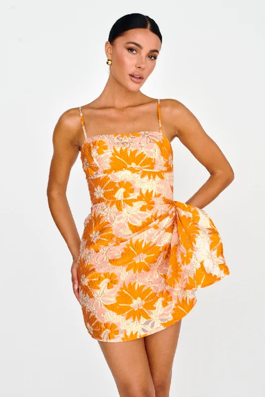 Hepburn-esqueSterling Gathered Waist Embroidery Mini Dress Orange