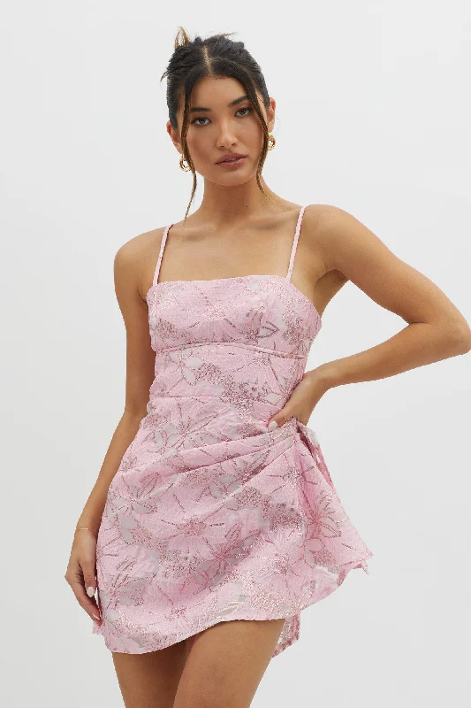 Essential dressingSterling Gathered Waist Embroidery Mini Dress Pink