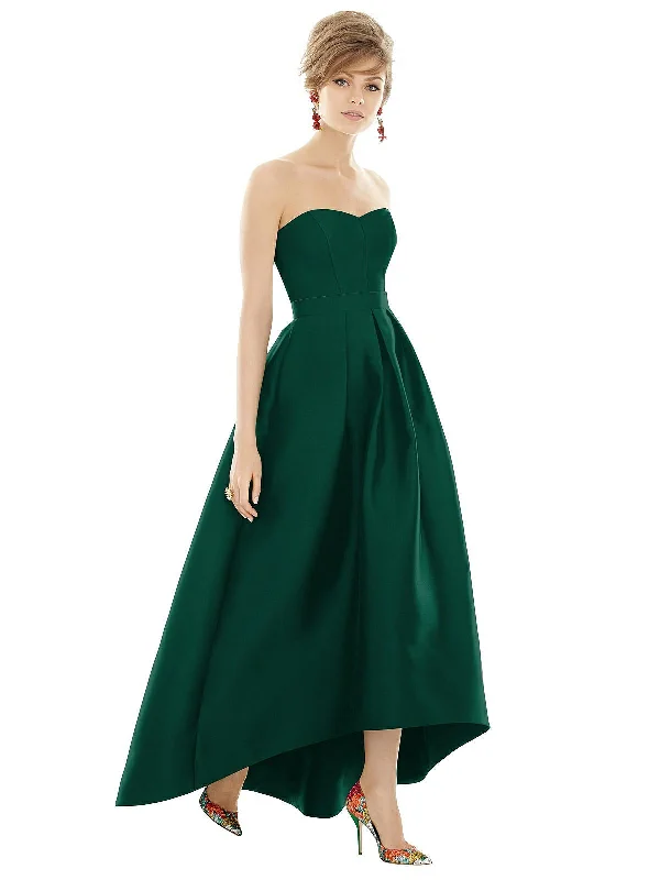 SophisticatedStrapless Satin High Low Dress with Pockets
