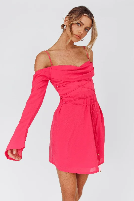 TimelessTeava Off-Shoulder Sleeve Laced Mini Dress Hot Pink