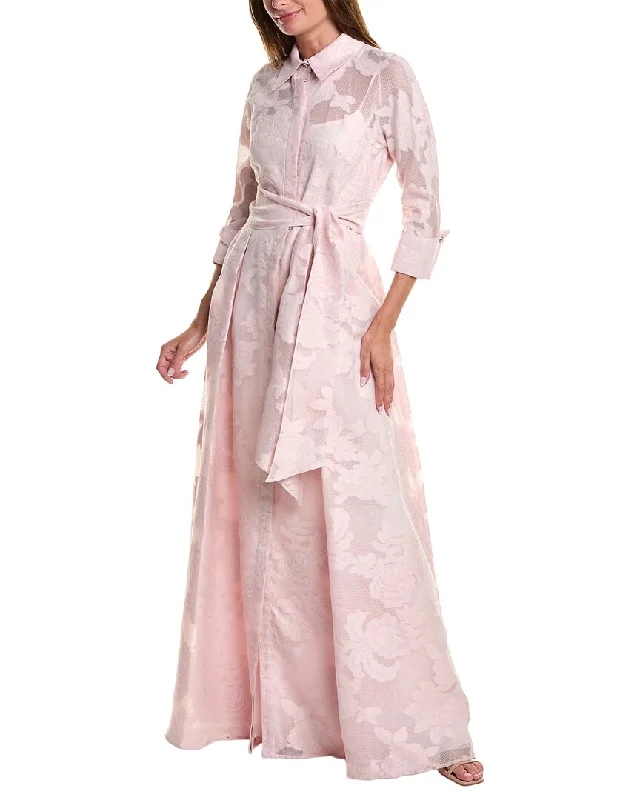 Ultra-flatteringTeri Jon by Rickie Freeman Jacquard Lace Shirt Gown