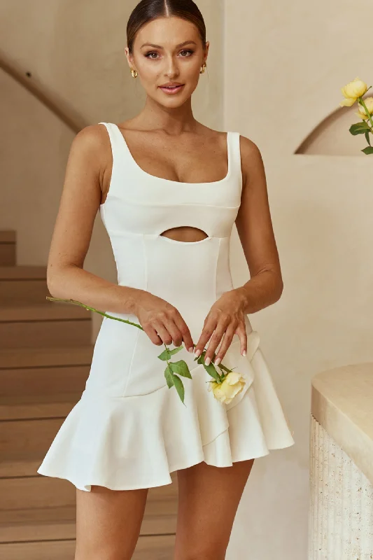 SleekThe Avenue U-Neckline Wide Ruffle Hem Mini Dress White