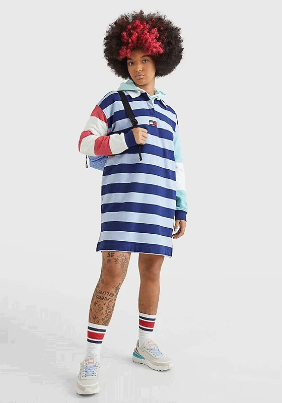 Beachy goddessTommy Jeans Colour-Block Rugby Stripe Polo Dress, Pearly Blue