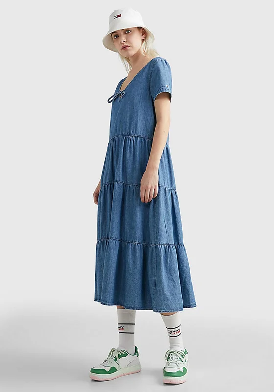 Victorian-inspiredTommy Jeans Womens Chambray Denim Midi Dress, Medium Denim