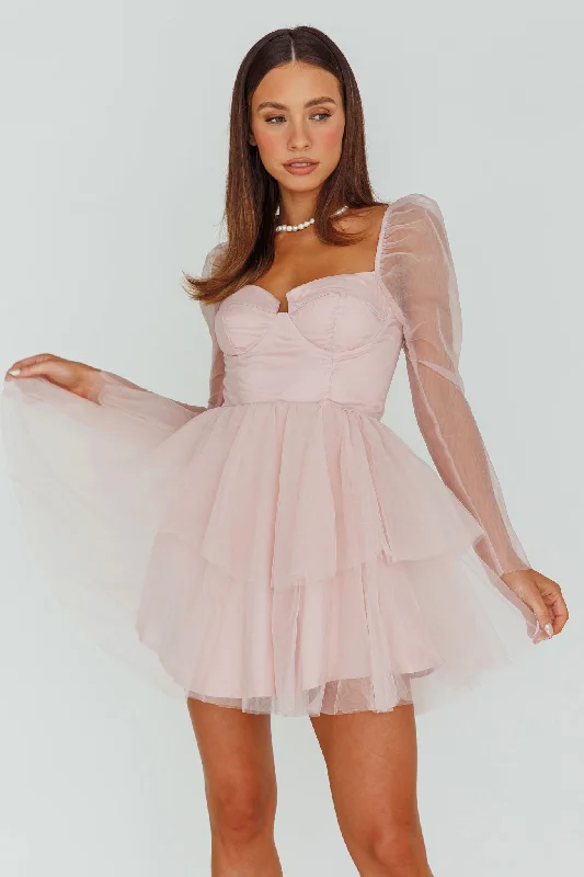 Poolside perfectionVeola Long Sleeve Tulle Mini Dress Blush