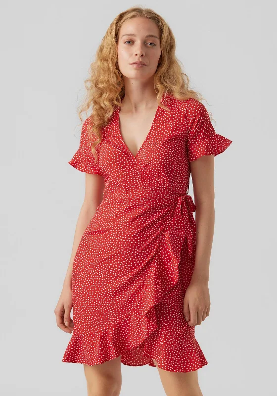 Nordic-inspiredVero Moda Polka Dot Wrap Mini Dress, Goji Berry