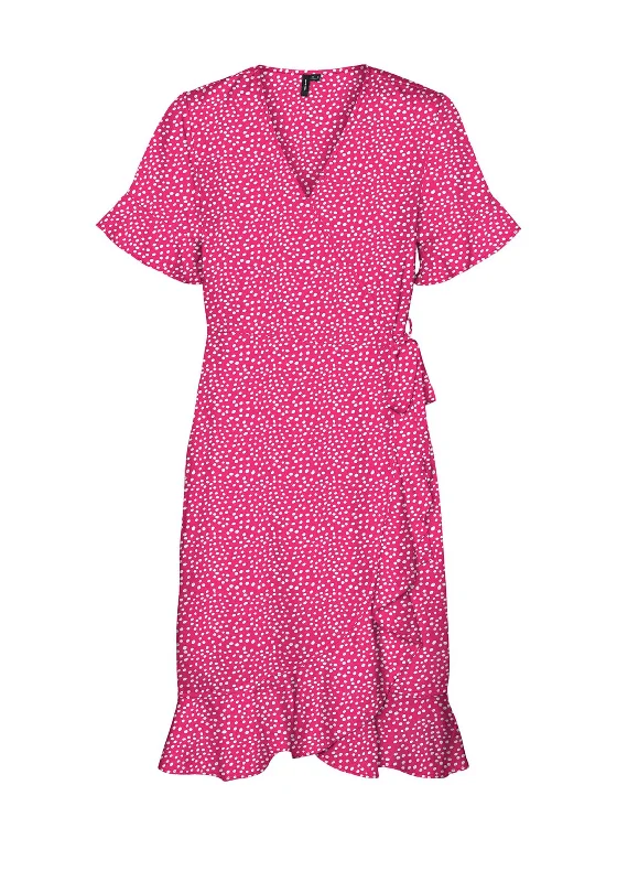 Monochrome perfectionVero Moda Polka Dot Wrap Mini Dress, Pink Yarrow