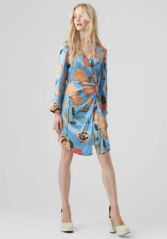 Delicate embroideryVero Moda Renee Satin Wrap Mini Dress, Little Boy Blue