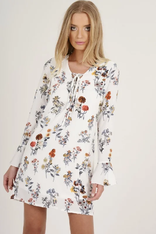 AristocraticWhite Floral Flared Sleeve Dress - Aisha