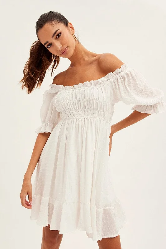 StrikingWhite Gathered Bust Skater Dress