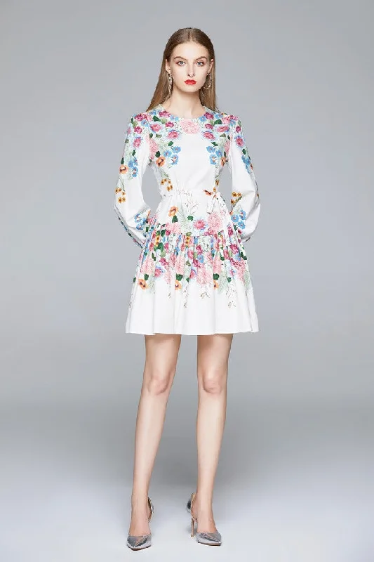 Relaxed glamourWHITE & MULTICOLOR FLORAL PRINT Day A-line Crewneck Long Sleeve Mini Dress