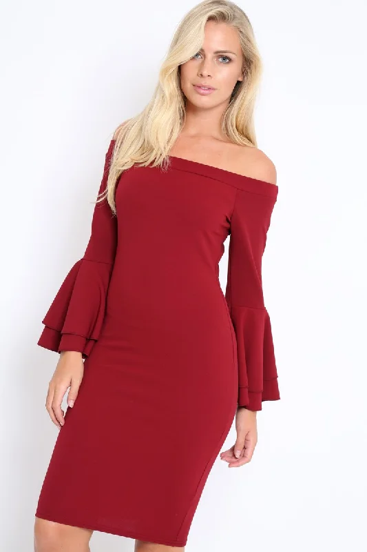90s-inspiredWine Bardot Flared Sleeve Dress - Ebony