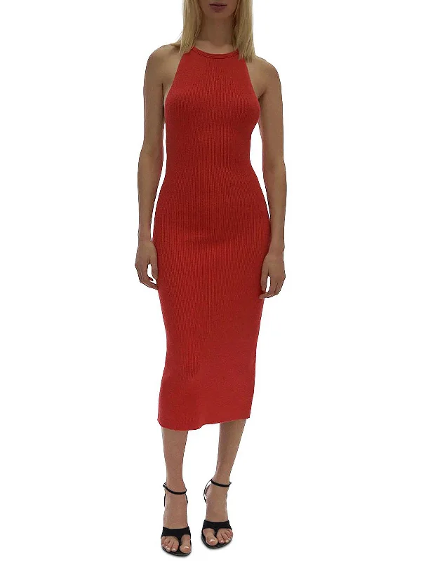 Sleek-tailoredWomens Ribbed Knit Tea-Length Sweaterdress
