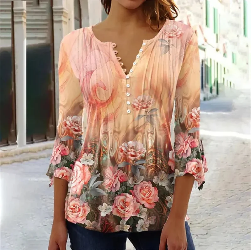 Clean-cutWomen's Temperament Printed Loose Shirt XL B-71160