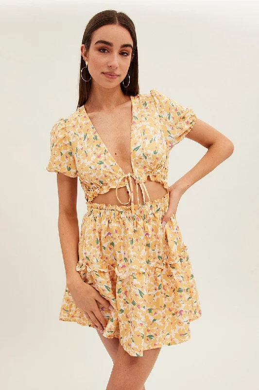 Elevated-casualYellow Print Cutout Skater Dress